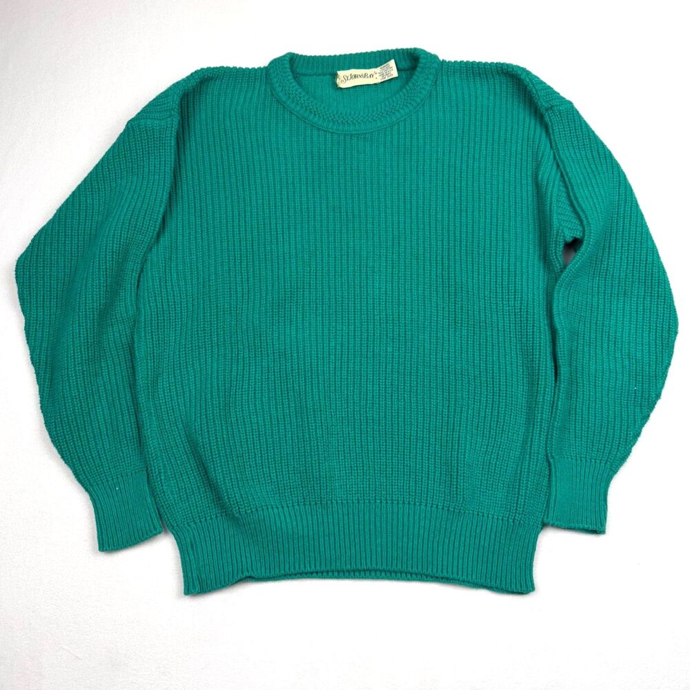 Vtg 90s St Johns Bay Ribbed Cotton Knit Sweater L Emerald Green Made in USA